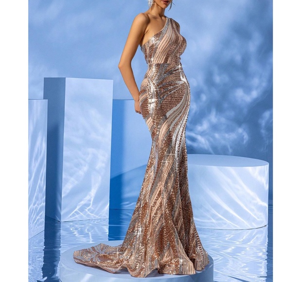 Luxe Sequin One Shoulder Party Evening Wedding Prom Dress - Picture 5 of 9